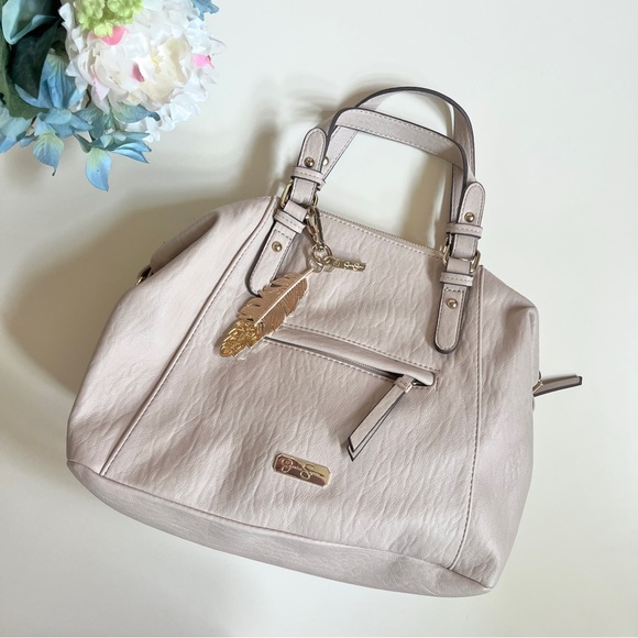 Jessica Simpson Cream Faux Leather Dual Top Handle Handbag with Gold Hardware - Picture 1 of 14